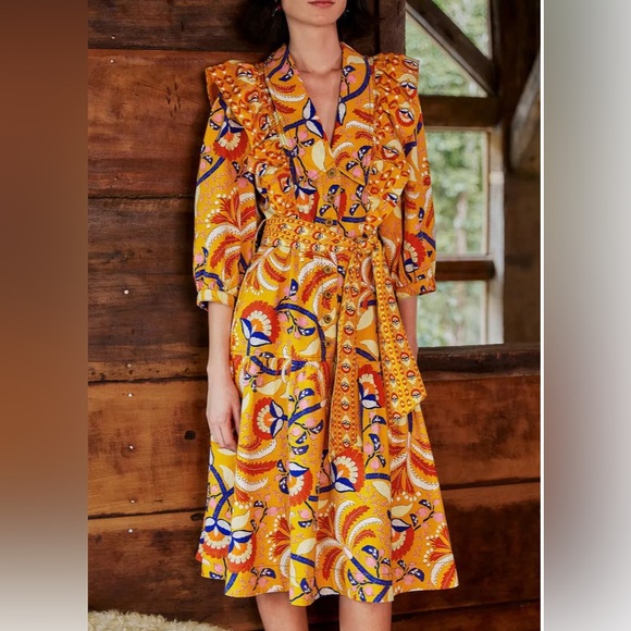 FARM Rio Yellow Palms Midi Ruffled Party Dress with Belt Size Small - Picture 12 of 12